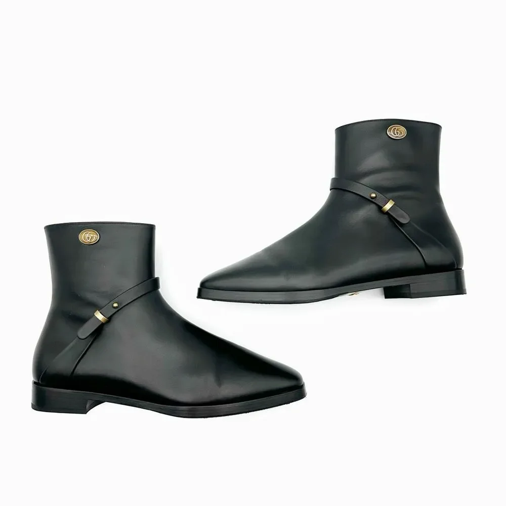 GUCCI Elite GG Ankle Boots Size 38.5 US 8.5 Black Leather Harness Low Heel Calf